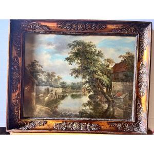 Painting Flemish School Early 18th Century, Ev. Meindert Hobbema 1638-1709 Oil On Wood.
