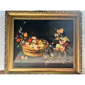 Painting Bouquet Of Flowers In A Basket Oil On Canvas Early 20th Century.