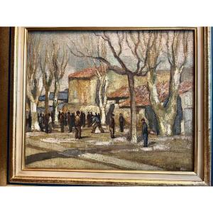 Signed Marcele Dyf 1899-1985 Life On The Village Square Oil On Wood.