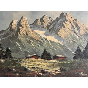 Signed Illegible Lower Right Mountain Landscape Oil On Canvas.