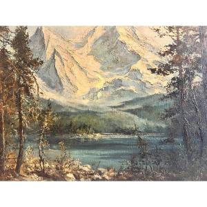 Tableau Paysage De Montagne Signé Illisible Oil On Canvas.