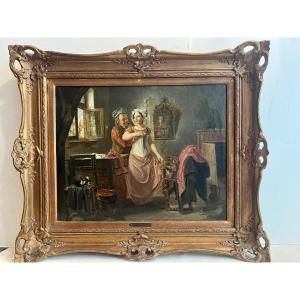 Painting Pieter Fontijn 1773-1839 Scéne Amoureuse Oil On Canvas Rewaxed.
