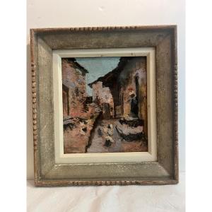 Tableau Fermière Nourri Ses Volaille Signé Illisible Cadre Kaminagai Oil On Wood
