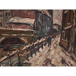Signed B Seteve, Rue Sous La Neige Oil On Canvas.