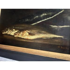 Painting Natur Morte Aux Poissons 19th Century Oil On Canvas.