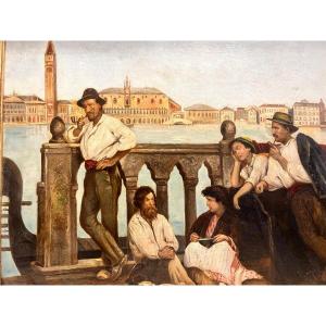 Signed Lower Left, Canal De Venise Repos d'Amis 19 ème Oil On Canvas.