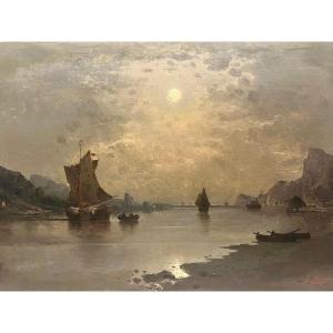Signed J. Léonard Clair De Lune Sur La Baie Oil On Wood.