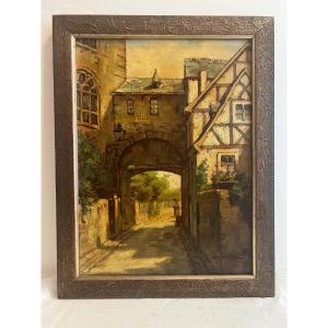 Painting German School Village Gate Signed Lower Right Illegible Situated On Verso.