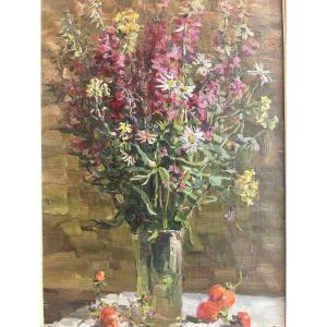 Tableau école Russe, Vase De Fleurs Monogramme Devant Signé Au Verso Oil On Canvas.