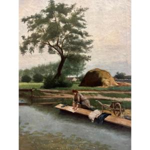 Painting: *the Washerwoman* (corot School); Companion Piece To The Photograph On The Reverse.
