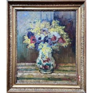 Painting By Horace Richebé - Bouquet Of Anemones / Port Of Marseille (front/back)