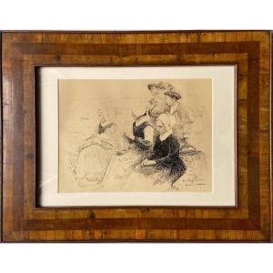 Drawing By Henri Royer - Breton Women Watching The Boats Depart
