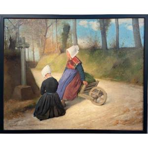 Painting By Felix Pescador-saldaña - Breton Women In Front Of The Cross