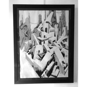 Alain Cande (20th Century) Futuristic Architectural Drawing, Mid-20th Century