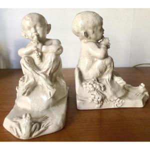 Two Child Fauns In Crackle 1930s Signed Conill, Bookends