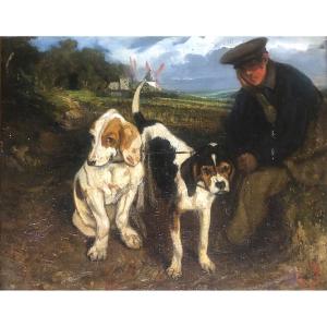 19th-century Hungarian Painting, Young Man With His Dogs, Monogram Sj