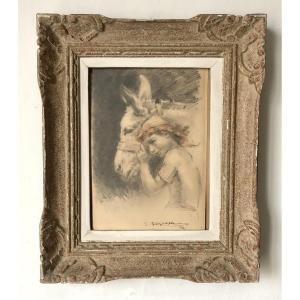 Georges Villa (1883-1965) The Child And The Donkey, Colored Drawing, 1942, Art Deco