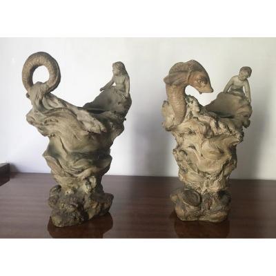 Alphonse Louis Hanne (1856-1908) 2 Sculptures In Terracotta, Theme Of The Sea XIX Century