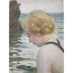 Paul Chabas (1869-1937) Woman On The Beach Art Nouveau