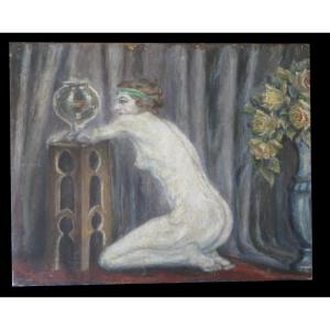 [art Nouveau Hst Female Nude] Oil On Canvas: Woman With Fish.