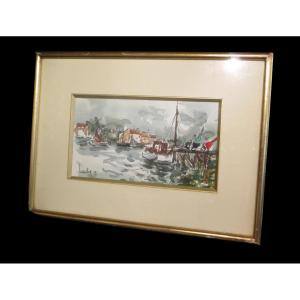 [marine Peche Honfleur] Herbo (fernand) - Signed Watercolor.