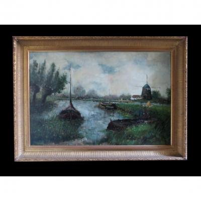 [netherlands Watermill Mill Hst] Hatman Or Hotman (b. H.) - Oil 88x53cm