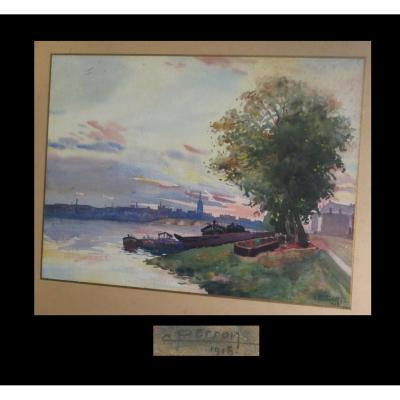 Perron (charles Clément) - Signed Watercolor: Quays Of Seine Or Loire. 1918.