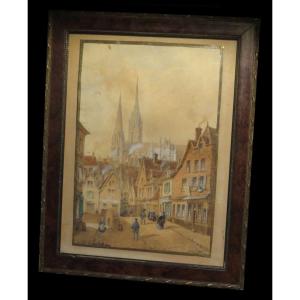 [eure-et-loir] Kellin (nicolas-joseph) - Signed Watercolor / View Of Chartres. 1856