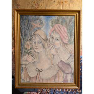 Oil On Canvas "la Confidence" By Irène Lagut, Student And Companion Of Picasso