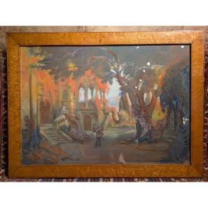 Pastel "the Terrace Of Malborough" Proof Of A Decoration By Emile Bertin Early 20th Century