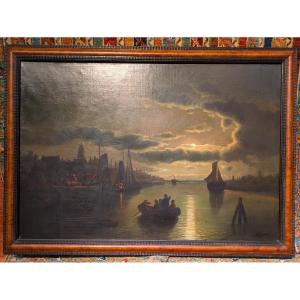 Oil On Canvas - 19th Century Dutch Marine "port In The Moonlight" By Théodor Genenger