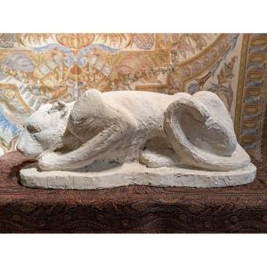 Crouching Panther - Plaster Sculpture By François Hippolyte Peyrol - 19th Century