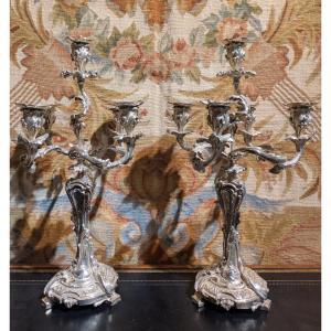 Pair Of Silver-plated Bronze Candelabras – Louis XV / Rocaille Style – 19th Century
