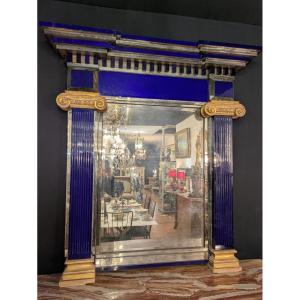 Cobalt Blue Murano Glass Column Mirror And Gilded Wood Frame – Italian Craftsmanship