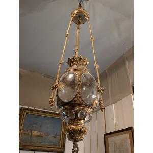 Openwork Bronze And Blown Glass Lantern – 19th Century