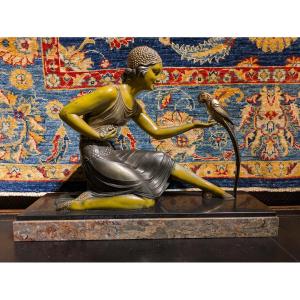 Lady With A Parakeet - Spelter Signed Dh Chiparus - Circa 1920 - Art Deco