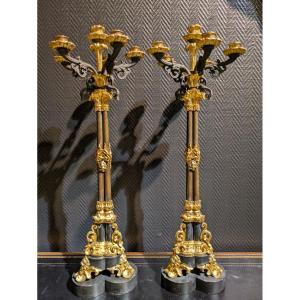 Pair Of Marble And Gilt Bronze Candelabra - Charles X - 19th Century