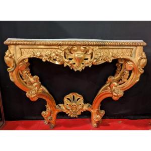 Regency Style Carved Giltwood Console With White Marble Top - 19th Century