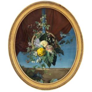 Monogrammist Vr - Still Life With Basket Of Fruit And Birds - Tempera On Canvas