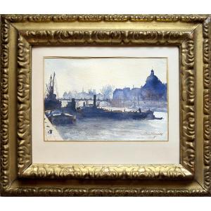 Marcel Prud'homme (1877–1955) - Panorama Of Paris With The Institut De France And The Pont Des Arts - Ink