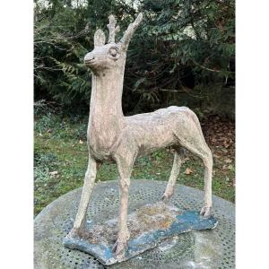 Garden Sculpture In Patinated Cement Representing A Deer, Mid-20th Century