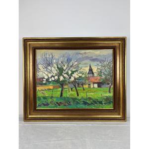 Oil On Canvas By Franck Innocent (1912-1983). Spring In Heudebouville, 1978.