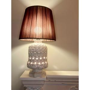 Large Pineapple Lamp In Ivory-colored Openwork Ceramic, Italy, 1970s