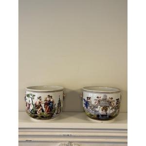 Pair Of Polychrome Enamelled Porcelain Planters, Capodimonte, 19th Century