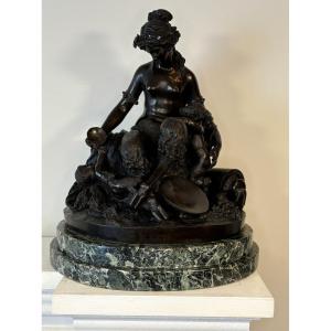 Bronze Group Representing A Fauna And Her Two Children, 19th Century, Signed Clodion