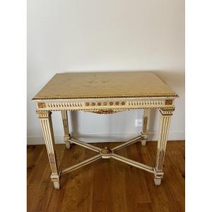 Neoclassical Italian Console Table In Lacquered And Gilded Wood, Marble Top. Mid 20th Century.
