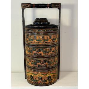 Far East, Old Meal Holder In Wood And Lacquered Boiled Cardboard.