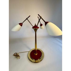 Three-light Table Lamp In Gilded Brass And Red Lacquer, Stilnovo, Mid-20th Century, Italy