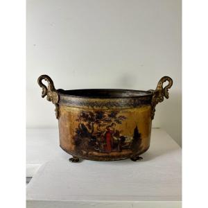 Painted Sheet Metal Planter With Pastoral Scene Decor, 19th Century
