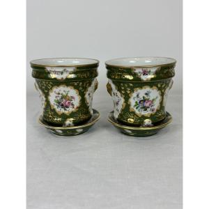 Pair Of Paris Porcelain Planters With Green Ground And Floral And Gold Motifs, 19th Century